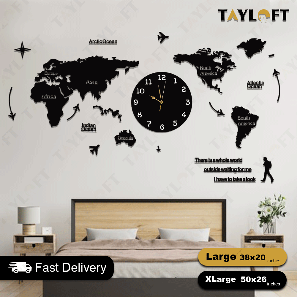 World Map Wooden Clock For Wall Decor