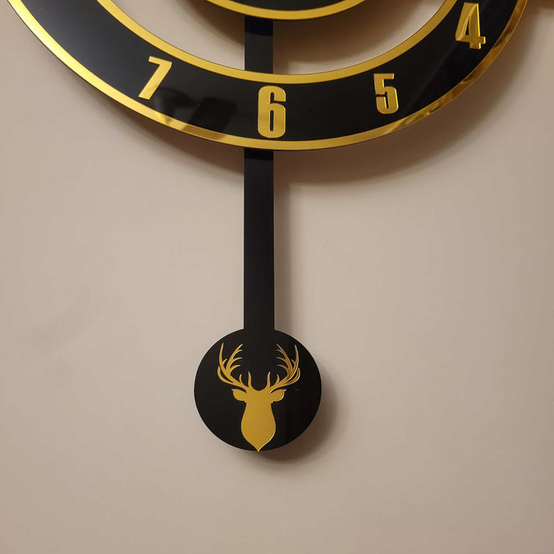 Modern Dual-Layer Deer Pendulum Acrylic Wall Clock – Black & Gold (16 Inches)