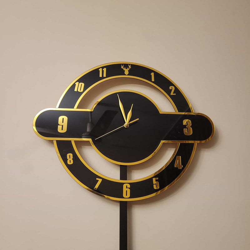 Modern Dual-Layer Deer Pendulum Acrylic Wall Clock – Black & Gold (16 Inches)