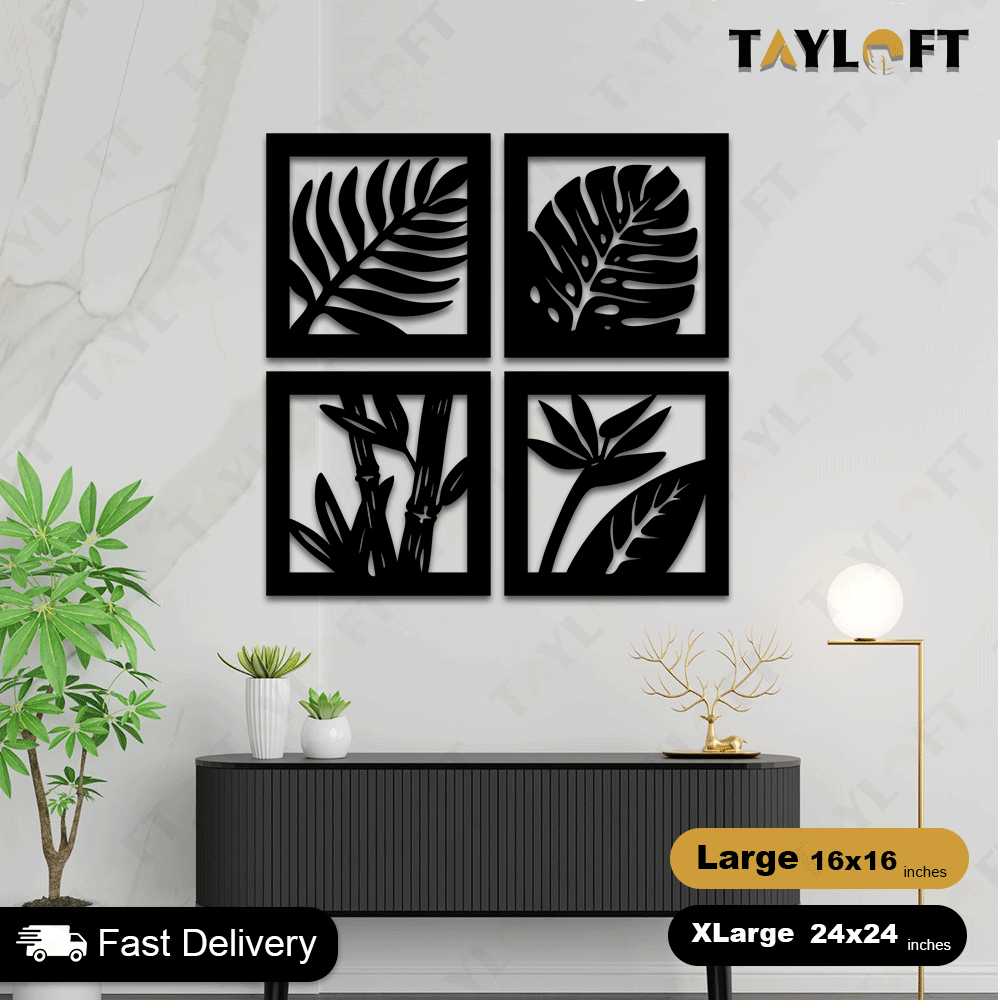 4 Frame Leaf Wooden Panels For Wall Decor