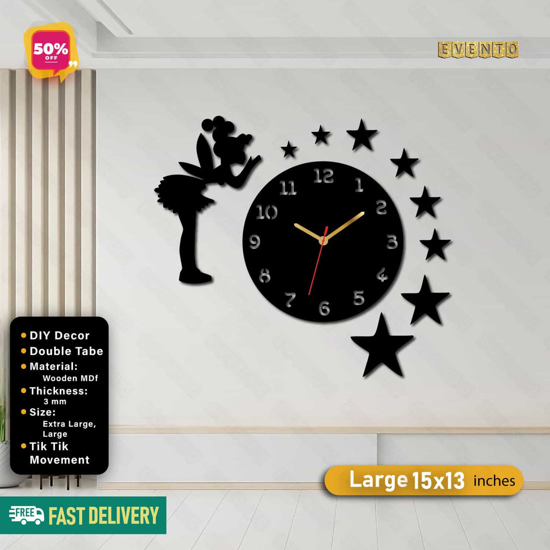 Star and Fairy Wooden Clock For Wall Decor