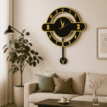 Modern Dual-Layer Deer Pendulum Acrylic Wall Clock – Black & Gold (16 Inches)
