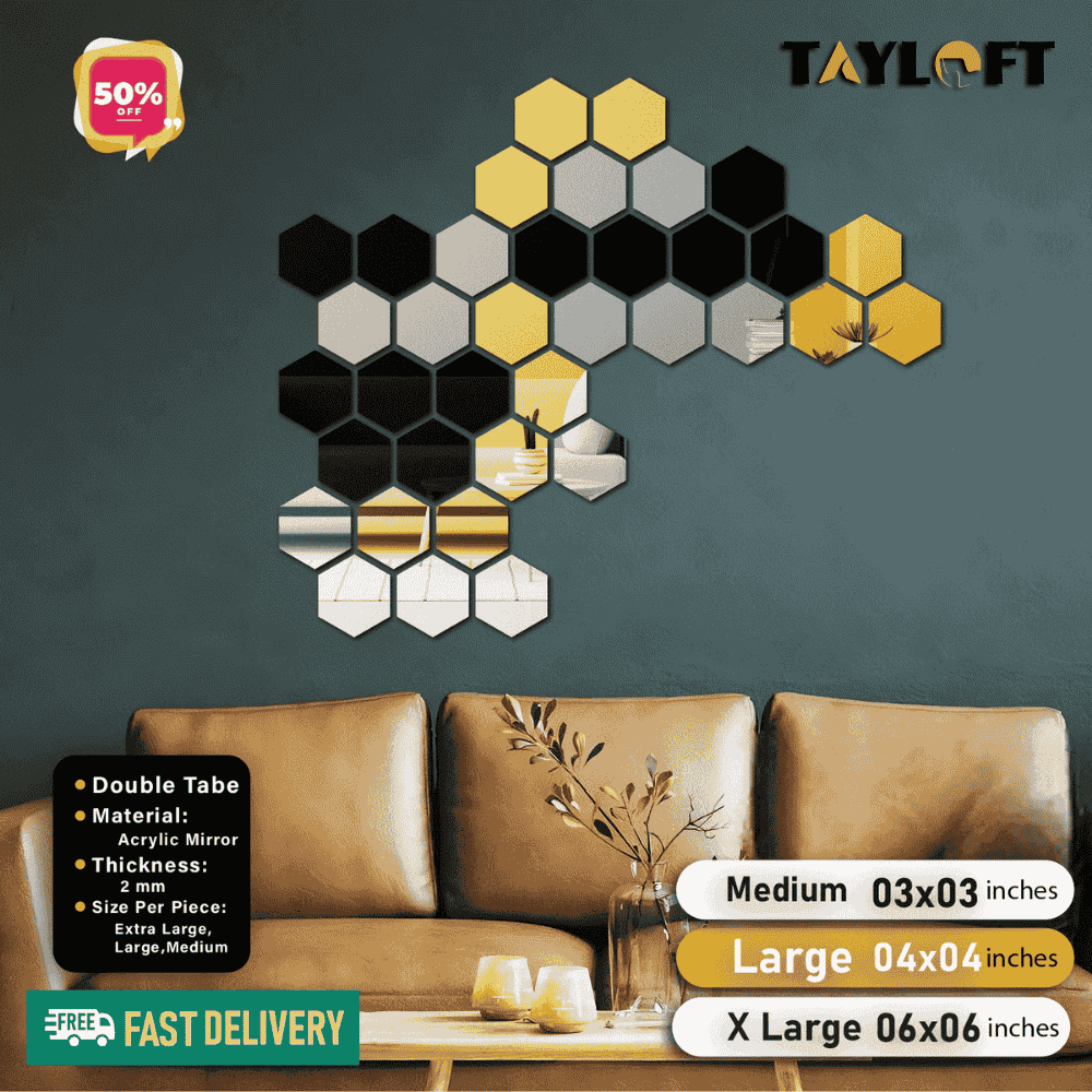 Golden, Silver and Black Acrylic Hexagon For Wall Decor