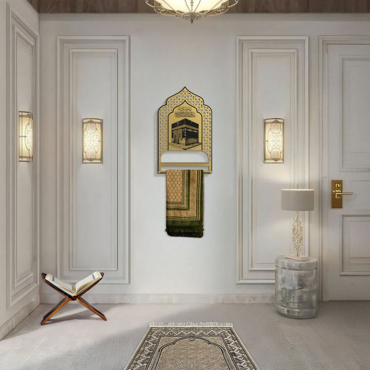 Prayer Rug Holder & Wall Shelf with Kaaba & Salah Dua 24 inch x 18 inch